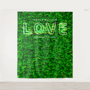 Grüne Mauer Liebe Neon Sign Wedding Hintergrund Wandteppich