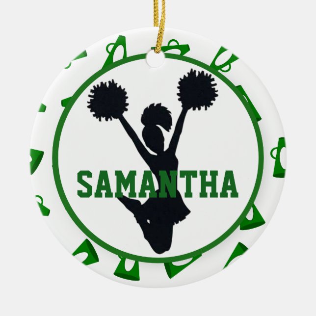 Grüne Megaphone und Cheerleader personalisiert Keramik Ornament (Vorne)