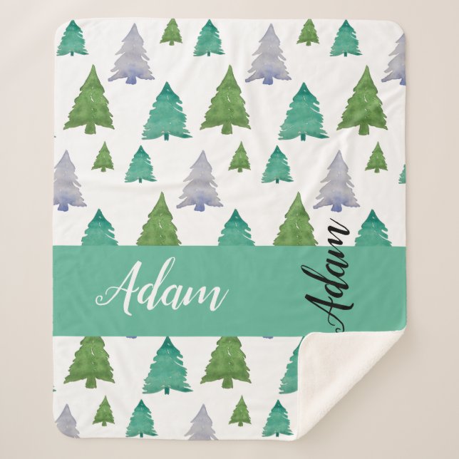Grüne Merry Tree Wasserfarbe Mit Monogramm Sherpadecke (Vorderseite)