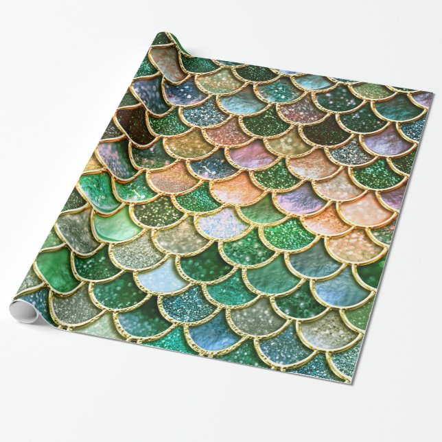 Grüne Metallfolien-Glitzer-Goldmeerjungfrau-Skalen Geschenkpapier (Ungerollt)