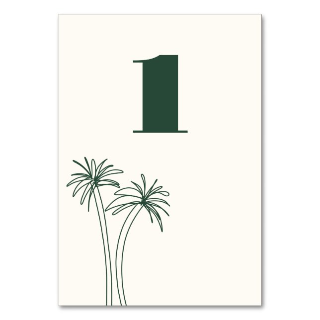 Grüne Minimalistische Tropenhochzeit Tischnummer (Vorderseite)