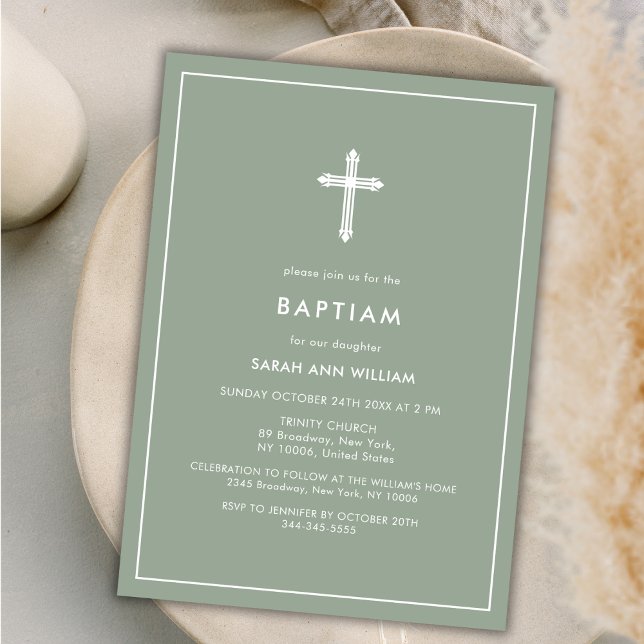 Grüne Minimalistische Typografie Cross Frame Bapti Einladung (Green Minimalist Typography Cross Frame Baptism Invitation)