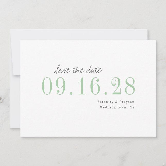 Grüne minimalistische typografische Hochzeit speic Save The Date (Vorderseite)