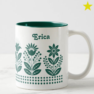 Grüne minimalistische Volkskunst Blumen benutzerde Zweifarbige Tasse