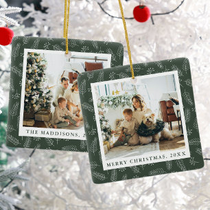 Grüne minimalistische Weihnachtsblatt-Muster-Famil Keramikornament