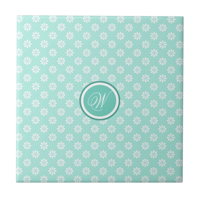 Grüne Minze Gänseblümchen Monogramm Fliese (Vorderseite)