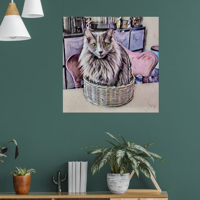 Grüne Mit Augen graue Katze in Korbplakat Poster (Wohnzimmer 1)