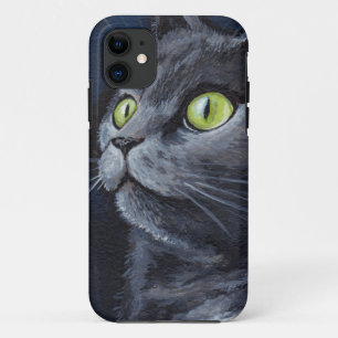 Grüne mit Augen graue Katzen-Malerei Case-Mate iPhone Hülle
