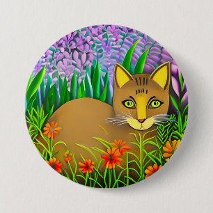 Grüne Mit Augen Katze im Blumengarten Button