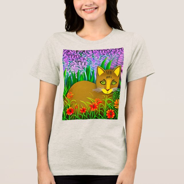 Grüne Mit Augen Katze im Blumengarten Tri-Blend Shirt (Vorderseite)