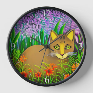 Grüne Mit Augen Katze im Blumengarten Uhr