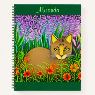 Grüne Mit Augen Katze im Blumengartenblatt Notizbuch