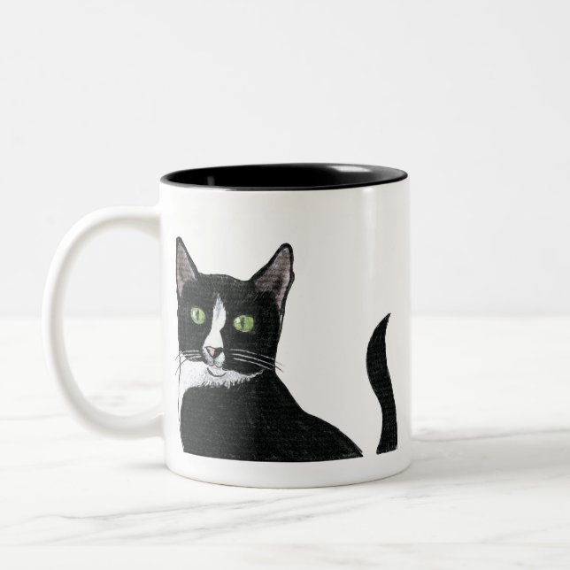 Grüne mit Augen Schwarzweiss-Katze Zweifarbige Tasse (Links)