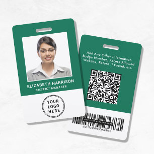 Grüne Mitarbeiter-Foto-ID mit QR-Barcodes-Logo Ausweis
