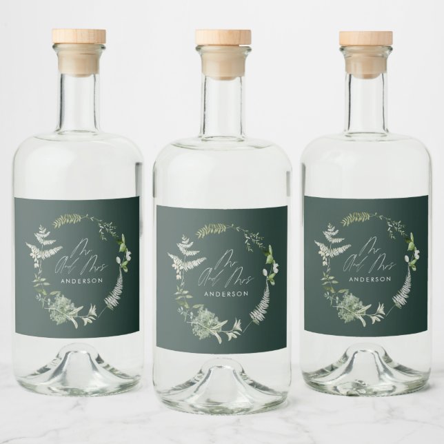 Grüne, moderne botanische Hochzeit Alkoholflaschenetikett (Flaschen)