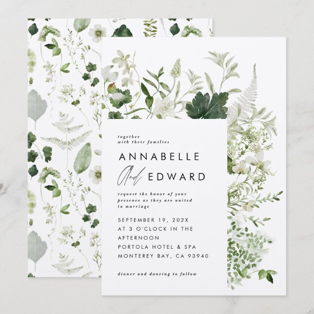 Grüne, moderne botanische Hochzeit Einladung (Vorne/Hinten)