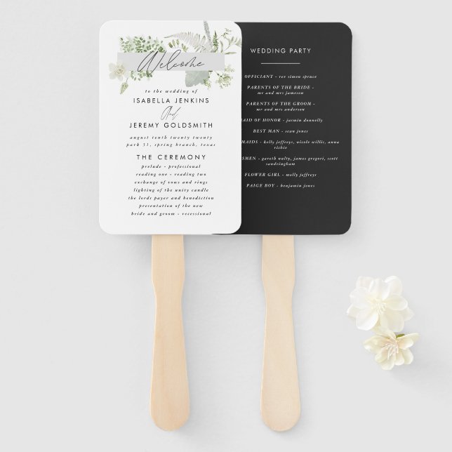 Grüne, moderne botanische Hochzeit Fächer (Vorne und Hinten)