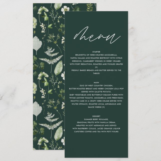 Grüne, moderne botanische Hochzeit Menükarte (Vorne/Hinten)