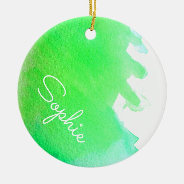 Grüne, moderne, einfache Aquarellfarbe Weihnachtsn Keramik Ornament (Vorne)