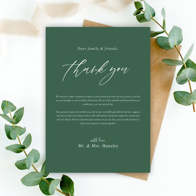 Grüne Moderne, einfache Minimal Elegante Hochzeit Dankeskarte (Green Modern Simple Minimal Elegant Wedding Thank You Card)