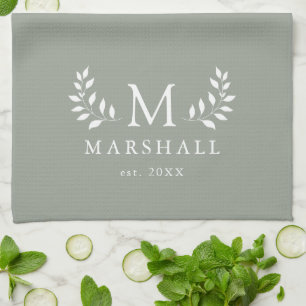Grüne moderne, elegante Floral Monogram-Familie Na Geschirrtuch