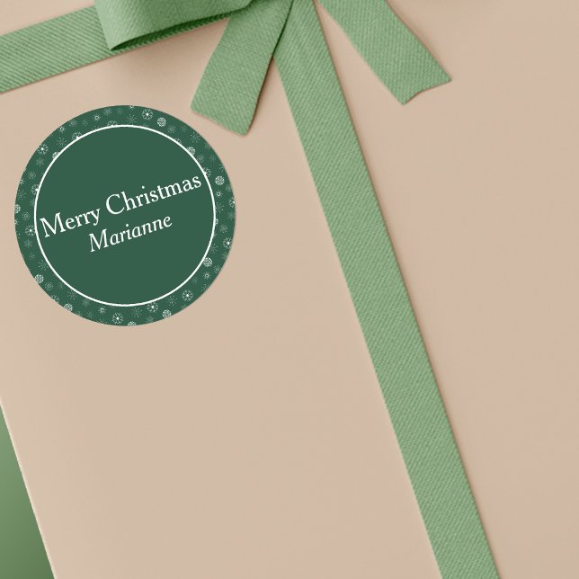 Grüne moderne Schneeflocken Frohe Weihnachten Runder Aufkleber (Green & Snowflakes Sticker)