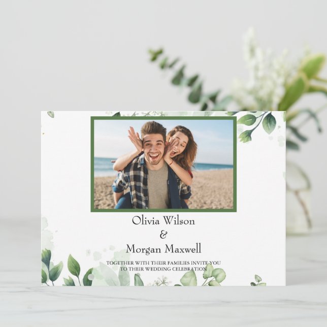 Grüne Modernes Foto Save the Date Einladung (Stehend Vorderseite)