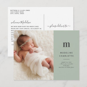 Grüne Monogramm Foto Neugeborene Ankündigung Postkarte