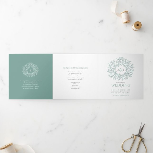 Grüne monogramm Kunstgeschichte Widding Tri-Fo Dreifach-gefaltete Programmkarte (Außenbereich)