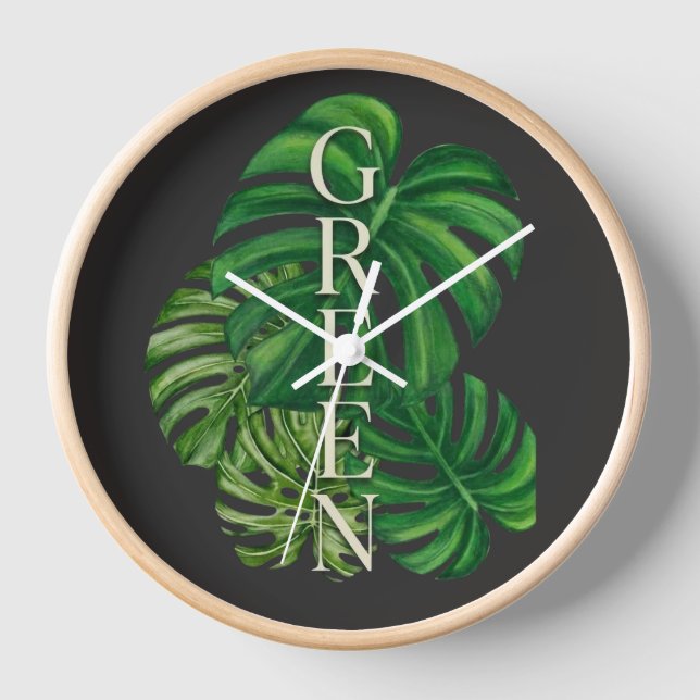 Grüne Monstera-Blätter Uhr (Vorderseite)
