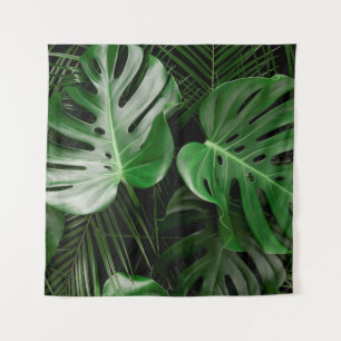 Grüne Monstera-Blätter und Palmwedel Wandteppich