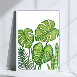Grüne Monstera-Blätter Zeichnung Farbstift Kunst Poster