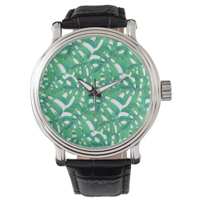 Grüne Monstera-tropische Blätter auf Weiß b Armbanduhr (Vorderseite)