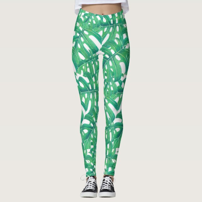 Grüne Monstera-tropische Blätter auf Weiß b Leggings (Vorderseite)
