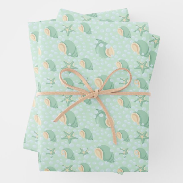 Grüne Muscheln und Blasen Geschenkpapier Set (Beispiel)
