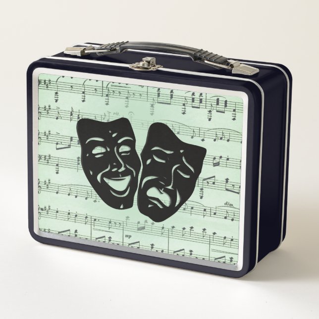 Grüne Musik und griechische Masken im Theater Metall Brotdose (Vorderseite)