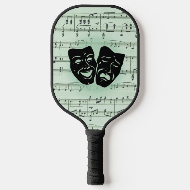 Grüne Musik und griechische Masken im Theater Pickleball Schläger (Vorderseite)