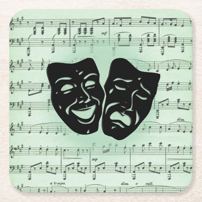 Grüne Musik und griechische Masken im Theater Rechteckiger Pappuntersetzer (Vorderseite)