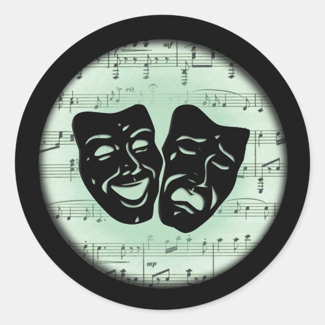 Grüne Musik und griechische Masken im Theater Runder Aufkleber (Vorderseite)