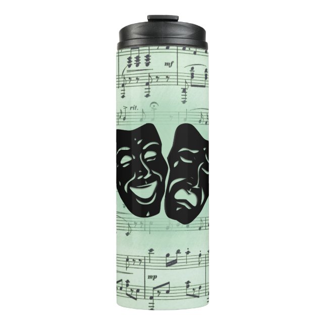 Grüne Musik und griechische Masken im Theater Thermosbecher (Vorderseite)