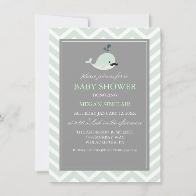 Grüne Mustache Whale Boy Babydusche Einladung (Vorderseite)