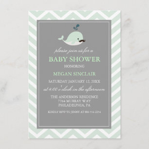 Grüne Mustache Whale Boy Babydusche Einladung