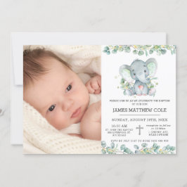 Grüne Niedliche Elefantentaufe Christening Foto Einladung