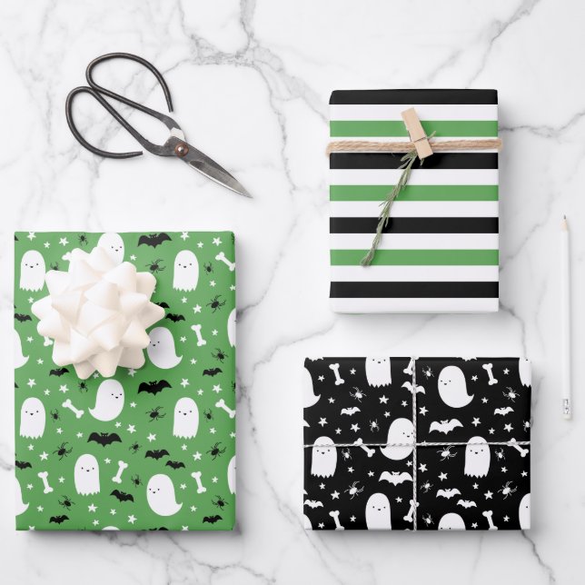 Grüne Niedliche Geister und Fledermäuse Orange Hal Geschenkpapier Set (Vorderseite)