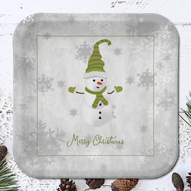 Grüne Niedliche Schneepapierplatte Pappteller (Green Cute Snowman Christmas Paper Plates)