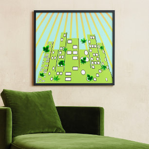 Grüne Öko-Stadt-Skyline mit schwimmenden Blättern Poster