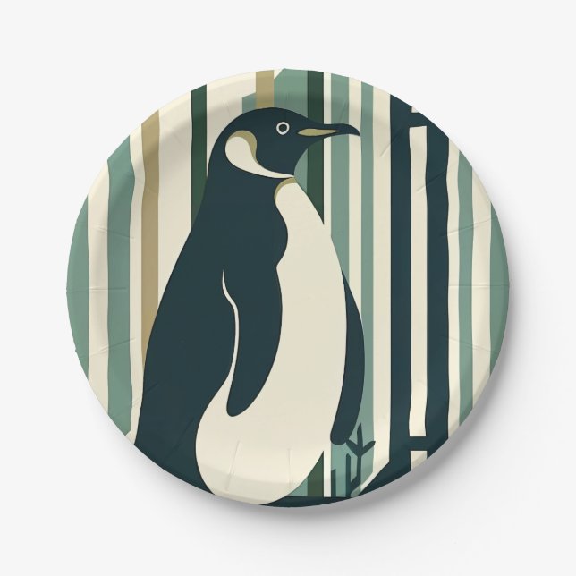 Grüne Olive Cream Pinguin Illustrationswald Pappteller (Vorderseite)