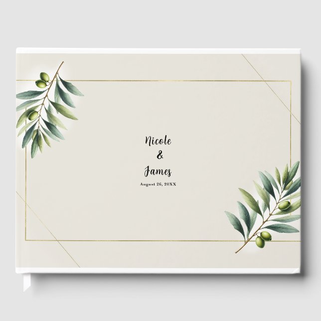 Grüne Olive Leaf Bone White & Gold Hochzeit Gästebuch (Vorderseite)