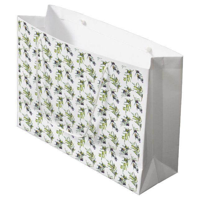 Grüne Oliven Aquarell Große Geschenktüte (Vorderseite Schrägansicht)
