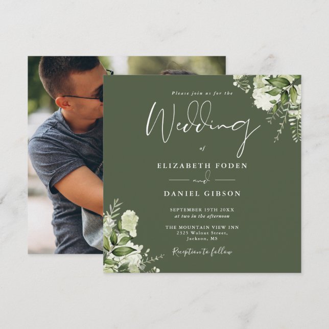 Grüne Olivenbäume Blumenbeete Foto Hochzeit Einladung (Vorne/Hinten)
